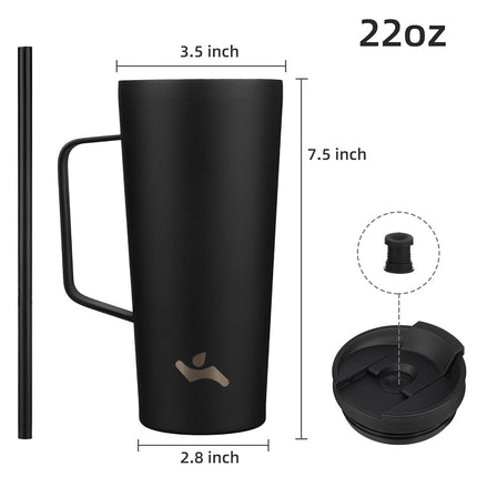 Konokyo Insulated Tumbler with Handle and Straw, 22 OZ Travel Coffee Mug Stainless Steel Cup Metal Water Bottle,Black