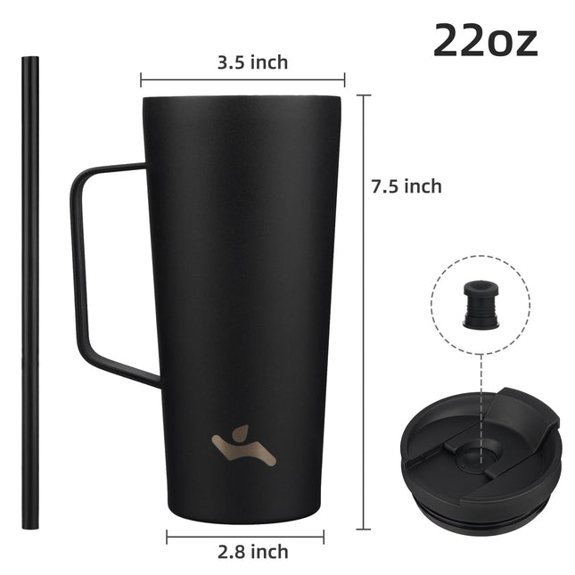 Konokyo Insulated Tumbler with Handle and Straw, 22 OZ Travel Coffee Mug Stainless Steel Cup Metal Water Bottle,Black