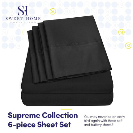 Sweet Home Collection Queen 6 pièces 1500 Supreme Collection Microfibre brossée fine, ensemble de draps à poches profondes - 2 taies d'oreiller supplémentaires, excellent rapport qualité-prix, Noir