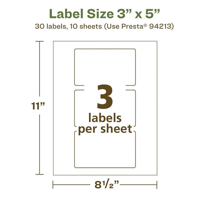 Avery EcoFriendly Matte White Recycled Rectangle Labels, 3" x 5", Print-to-The-Edge, Matte White Labels, Permanent Adhesive, Laser/Inkjet Printable, 30 Total