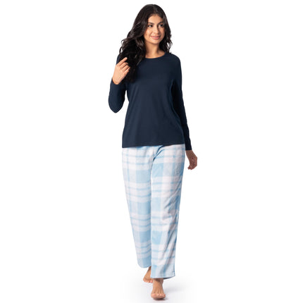 Fruit of the Loom Women's Sueded Jersey Crew Top and Fleece Pant Sleep Set Pajama, Navy/Snow Plaid, S