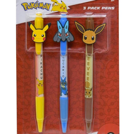 Pokemon 3 Packs Pens with Rubber Character Clip (Pikachu, Lucario and Eevee)