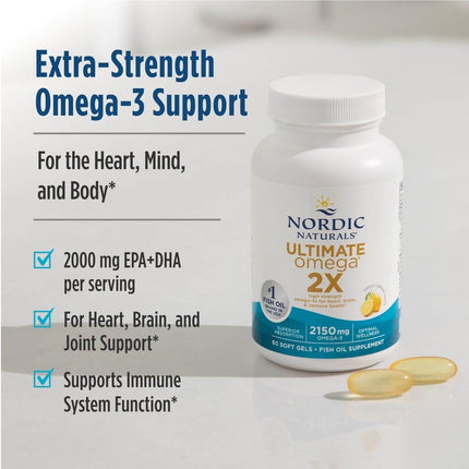 Nordic Naturals Ultimate Omega 2X, Lemon Flavor - 2150 mg Omega-3-120 Soft Gels - High-Potency Omega-3 Fish Oil with EPA & DHA - Promotes Brain & Heart Health - Non-GMO - 60 Servings