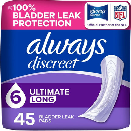 Always Discreet Incontinence & Postpartum Incontinence Pads for Women, Overnight Absorbency, Extra Heavy Long, 45 Count