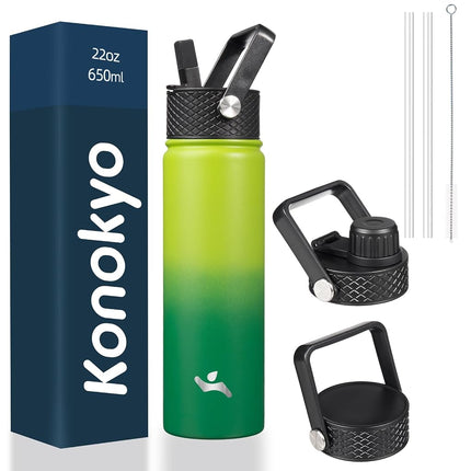 Konokyo 22oz Stainless Steel Water Bottles with 3 Lids Sport Insulated Water Bottle,Bamboo Grove