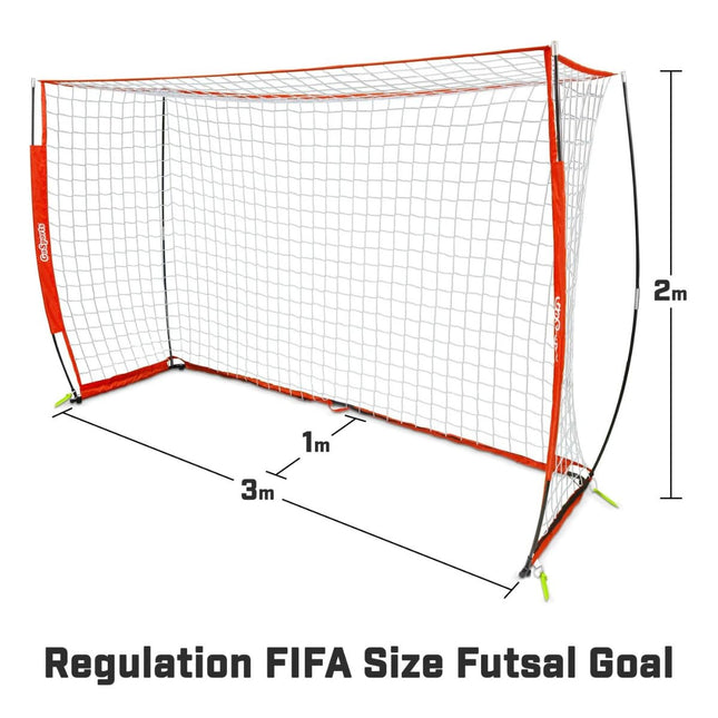 GoSports ELITE Futsal Soccer Goal - 3 M x 2 M Size, Foldable Bow Type Frame and Net - Play & Train Like The Pros, Includes Carry Bag and Agility Cones