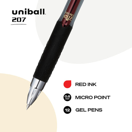 Bolígrafos de gel retráctiles uni-ball 207, punta micro (0.5mm), rojos, paquete de 12