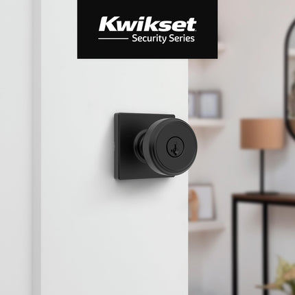 Kwikset Maven Entry Door Knob with Lock and Key, Secure Keyed Handle Exterior, Square Front Entrance and Bedroom, Matte Black, Pick Resistant SmartKey Rekey Security and Microban
