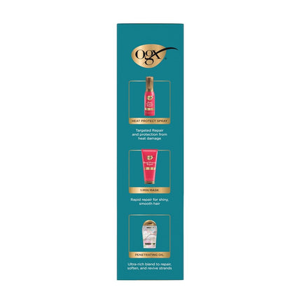 OGX Abbey Yung Favorites Set includes Bond Protein Repair 450°F Heat Protect Spray, Bond Protein Repair 1-Min Treatment Mask & Damage Remedy + Coconut Miracle Penetrating Oil, 3 Full Size Items