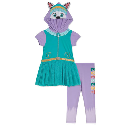 Paw Patrol Girls Hooded Cosplay T-Shirt Dress and Leggings Outfit Set Toddler to Little Kid Sizes (2T - 7-8), Teal / Everest, 4T