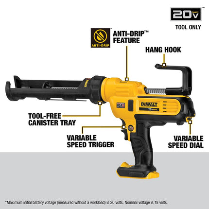 DEWALT 20V MAX* Cordless Caulking Gun, 10oz/300ml, Tool Only (DCE560B)