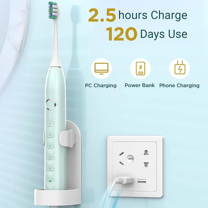 Rtauys S5 Sonic Electric Toothbrush for Adults with 8 Brush Heads, IPX7 Travel Electric Toothbrush with Travel Case, 2.5 Hours Charge for 120 Days, 5 Modes with 2 Minutes Built in Smart Timer Green