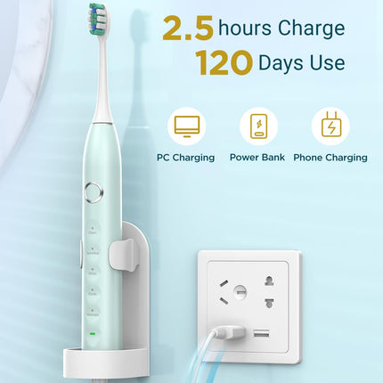 Rtauys S5 Sonic Electric Toothbrush for Adults with 8 Brush Heads, IPX7 Travel Electric Toothbrush with Travel Case, 2.5 Hours Charge for 120 Days, 5 Modes with 2 Minutes Built in Smart Timer Green