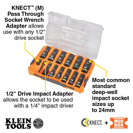 Klein Tools 65111IMPCTM KNECT Deep Well Impact Socket Set, 1/2-Inch Drive, Metric, Color Coded, MODbox Case, Impact Adapter and Extension, 14-Piece