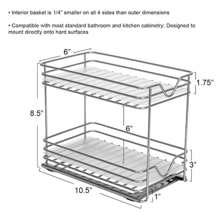 Household Essentials Glidez Paint-Finished Steel Pull-Out/Slide-Out Storage Organizer with Plastic Liner for Spice Rack Use - 2 -Tier Design - Fits Standard Size Cabinet or Shelf, Brushed Silver