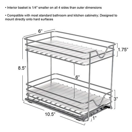 Household Essentials Glidez Paint-Finished Steel Pull-Out/Slide-Out Storage Organizer with Plastic Liner for Spice Rack Use - 2 -Tier Design - Fits Standard Size Cabinet or Shelf, Brushed Silver