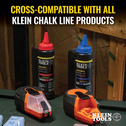 Klein Tools CHLK50R Chalk Line Tool, 50-Foot Auto-Retracting Reel, Mess-Free Refill, Includes 1.2-Oz Red Chalk