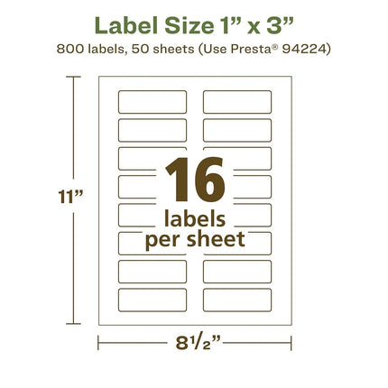 Etiquetas rectangulares recicladas Avery EcoFriendly blancas mate, 25,4 mm x 76,2 mm, impresión de borde a borde, etiquetas blancas mate, adhesivo permanente, imprimibles con láser/inyección de tinta, 800 en total