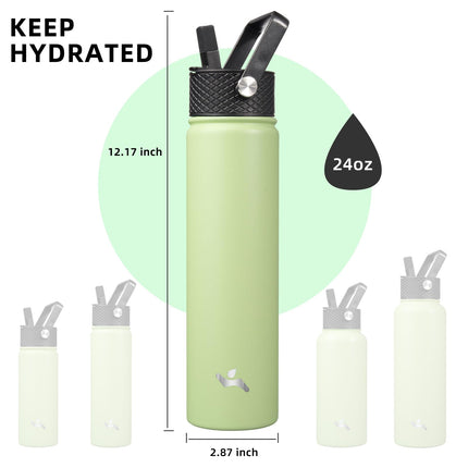 Konokyo Insulated Water Bottle with Straw,24oz 3 Lids Metal Bottles Stainless Steel Water Flask,Macaron Green