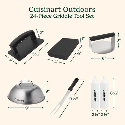 Cuisinart 24-Piece Griddle Tool Set with Storage Tote, Stainless Steel Flat Top Grill Accessories with Spatulas, Melting Dome, Smash Burger Press, Scraper & Tongs, Perfect for BBQ, Tailgates, Camping