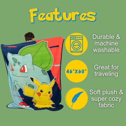 Franco Pokémon Anime Pikachu et Bulbizarre Couverture en micro-peluche ultra douce pour enfants, 117 cm x 152 cm, (Produit sous licence officielle)