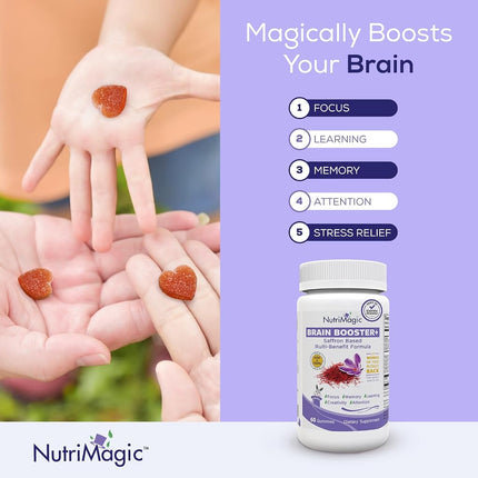 NutriMagic Kids Brain Booster 2IN1 Saffron Extract Nootropic & Multivitamin for Focus, Memory, Attention, Mood - Pure Saffron Gummies for Brain Health Support w/Vitamin D3, B6, B12, Zinc - 60 Gummies