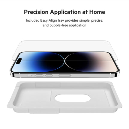 Protector de pantalla Belkin UltraGlass para iPhone 14 Pro Max, con tratamiento antimicrobiano, aplicación sencilla sin burbujas con bandeja de guía de instalación incluida, dureza 9H probada