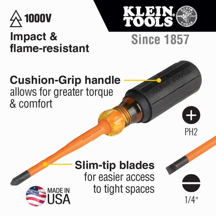 Klein Tools 33732INS 1000V Slim Tip Insulated Screwdriver Set, 2 Phillips and 1/4-Inch Cabinet Tips, Cushion Grip Handle, 2-Piece,Black and Orange