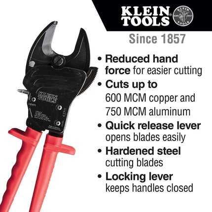 Wire Cable Cutter with Open Front Loading Jaws Cuts 600 MCM Copper, 750 MCM Aluminum Klein Tools 63711
