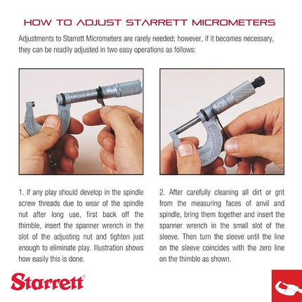 Starrett 436.1XRL-2 Outside Micrometre, Ratchet Stop, Lock Nut, Carbide Faces, 1-2" Range, 0.001" Graduation, +/-0.0001" Accuracy