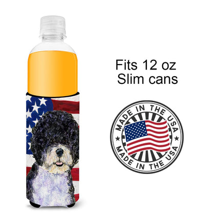 Caroline's Treasures USA American Flag with Portuguese Water Dog Ultra Beverage Insulators for slim cans SS4053MUK
