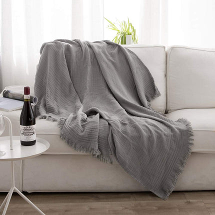 Manta de muselina de algodón sencilla y opulenta para cama y sofá, manta de gasa tejida con borlas, suave, ligera, acogedora, prelavada, transpirable, decoración de casa de campo (gris)
