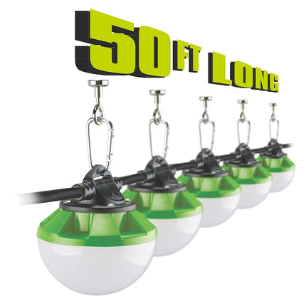 POWERSMITH PTLH54S-60M 50 ft. 7,500 Lumen 60W Integrated Weatherproof 5-Head Linkable LED Construction String Lights with Metal Carabiners and Magnets and 2 Year Warranty