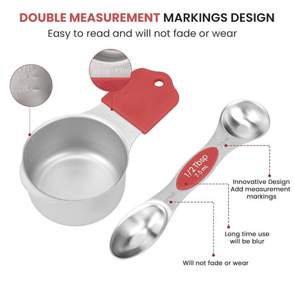 Magnetic Measuring Cups and Spoons Set-Heavy Duty 304 Stainless Steel，Double Measurement Markings，Set of 16 with Leveler for Measure Dry and Liquid Ingredients (Red)