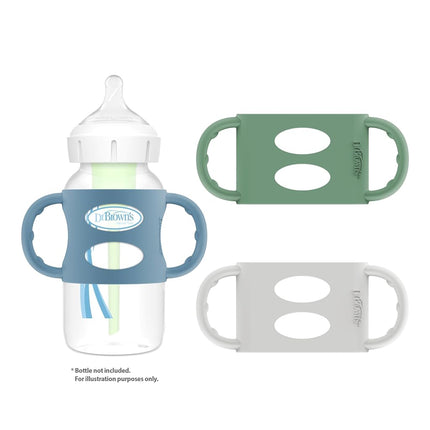Asas de silicona 100% para biberones Dr. Brown's Milestones, boca ancha, asas extraíbles de fácil agarre para vasos de transición, azul claro, verde, gris, a partir de 4 meses, paquete de 3