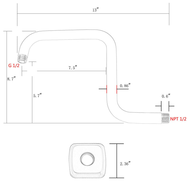 TRUSTMI 13 Inch Shower Arm with Flange S Shape Shower Head High Rise Extension Replacement Pipe, Stainless Steel, Chrome