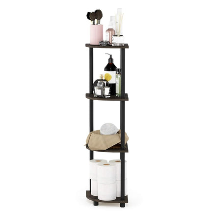 Furinno TURN-N-TUBE Corner Shelf, 4-Tier Corner Bookshelf, Display Storage Shelves with Open Shelves, for Organization and Storage, Living Room, Home Office, Garage, Dark Brown Grain