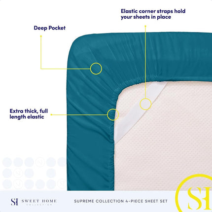 Sweet Home Collection Luxury Bedding Set with Flat, Fitted Sheet, 2 Pillow Cases, Microfiber, Teal, King