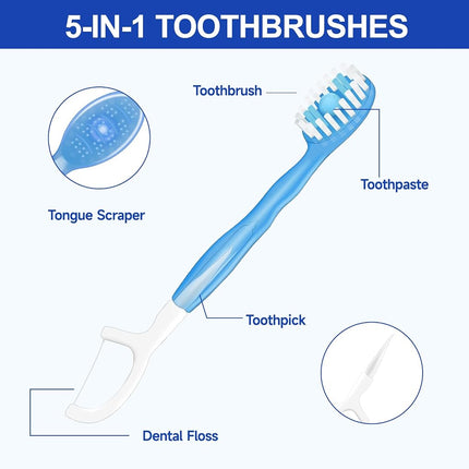 Malisseladi 5 in 1 Mini Brushes-Disposable Toothbrushes with Toothpaste + Floss + Pick + Tongue Scraper | Travel Size | Individually Wrapped | Soft | Mint | Travel Set (Peach, 52pcs(2Pack))