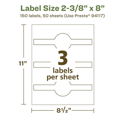 Etiquetas envolventes recicladas Avery EcoFriendly, 2-3/8" x 8", etiquetas tipo faja, blanco mate, adhesivo permanente, imprimibles con láser/inyección de tinta, 150 en total
