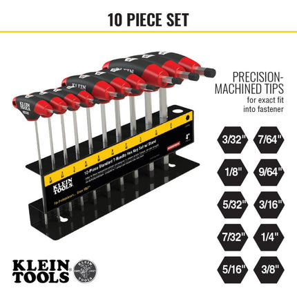 KLEIN TOOLS JTH410E T-Handle Hex Key Set, SAE Inch Sizes Allen Wrench Set with 4-Inch Blades, Stand Included, 10-Piece