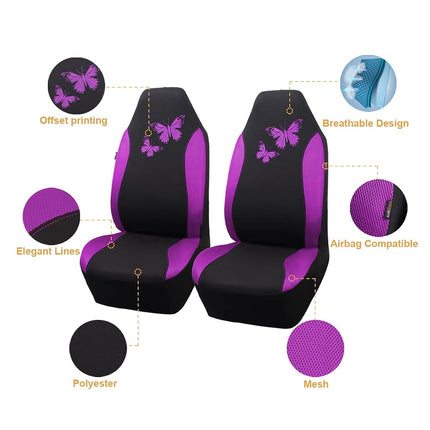 Flying Banner Butterfly car seat Covers ful Set Fashion Universal Lady Woman Female Rear Bench Split Colorized (2 Fronts, Purple)