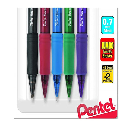 Pentel Twist-Erase Express Automatic Pencil, 0.7mm, Medium Line, Assorted Fashion Colors, 5 Pack (QE417FBP5M)