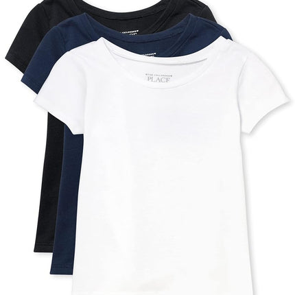 The Children's Place baby girls And Toddler Short Sleeve Basic Layering T-shirt T Shirt, Black/Tidal/White 3 Pack, 12-18 Months US