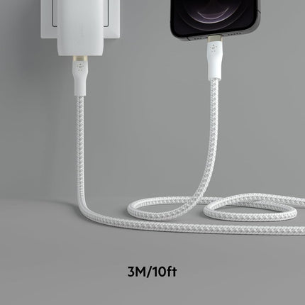 Belkin BoostCharge Pro Flex Braided USB Type C to Lightning Cable (3M/10ft), MFi Certified 20W Fast Charging PD Power Delivery for iPhone 14/14 Plus, 13, 12, Pro, Max, Mini, SE, iPad and More -White