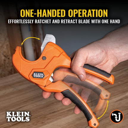 Klein Tools 50063 Ratcheting PVC Pipe Cutter, Cuts 1-1/4-Inch I.D. PVC, CPVC, PEX Pipes, One-Handed Operation, Replaceable Blades