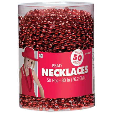 Amscan 395801.40 Accesorios, Collares de Cuentas, Artículos de Fiesta, Rojo, 76.2 cm, Paquete de 50