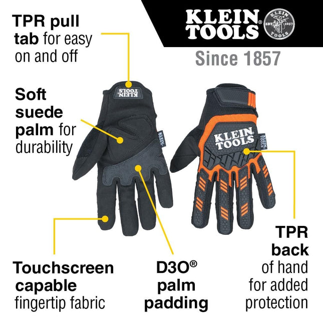 flysclean 60599 Work Gloves, Heavy-Duty Suede Palm Gloves, TPR Impact Resistant, Touchscreen-Capable, Hook and Loop Wrist Strap, Medium, Black, Orange, White