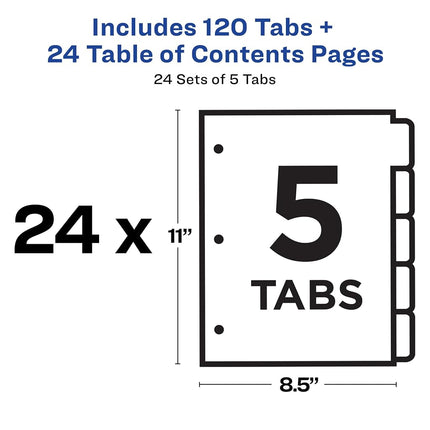Avery 5-Tab Dividers for 3 Ring Binders, Customizable Table of Contents, Multicolor Tabs, 24 Sets (11167)