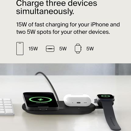 Belkin 3-in-1 MagSafe-Compatible Wireless Charging Pad with Qi2 15W - iPhone Charger - Fast Charging Wireless Charging Station for iPhone 16, 15, & 14 Series, AirPods, Apple Watch, & More - Black